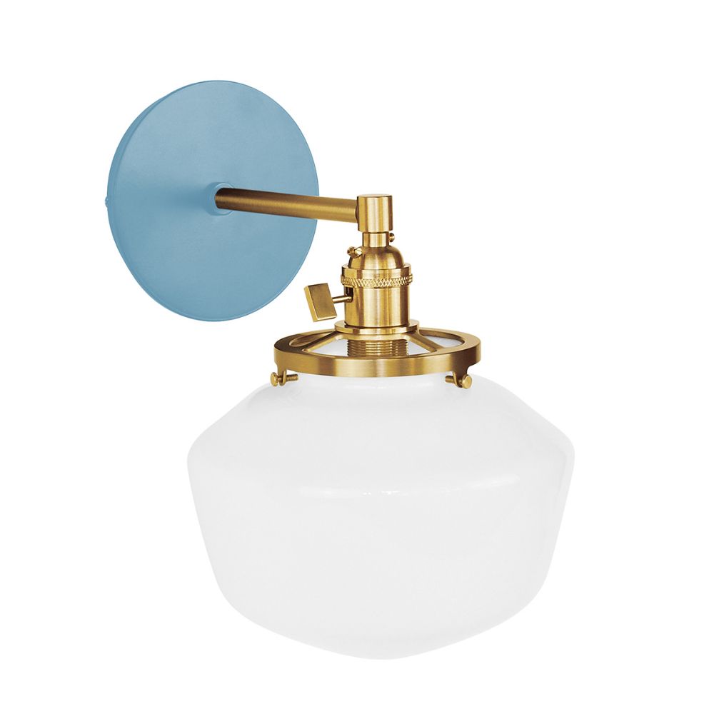Montclair Lightworks SCM413-54-91 Uno 8" wall sconce, with Schoolhouse glass shade,  Light Blue with Brushed Brass hardware